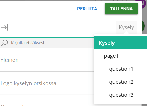 Kyselytyökalun graafinen käyttöliittymä, jossa “Kysely” on korostettuna nykyisenä valintana.