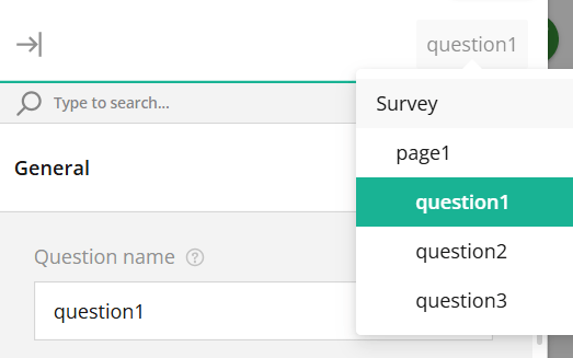 Graphical user interface of a survey tool with "question1" highlighted as the current selection.