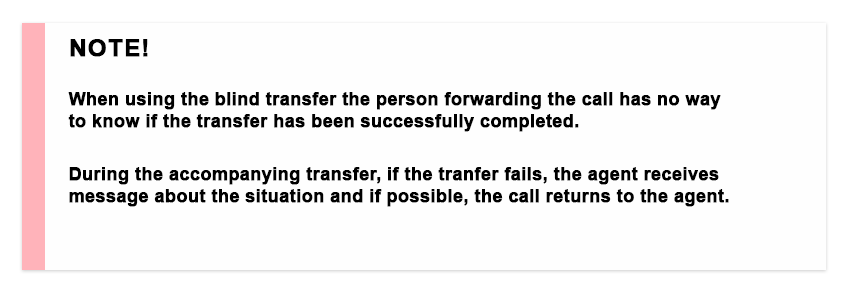 NOTE! When using the blind transfer the person forwarding the call has no way to know if the transfer has been successfully completed. During the accompanying transfer, if the transfer fails, the agent receives a message about the situation and if possible, the call returns to the agent.