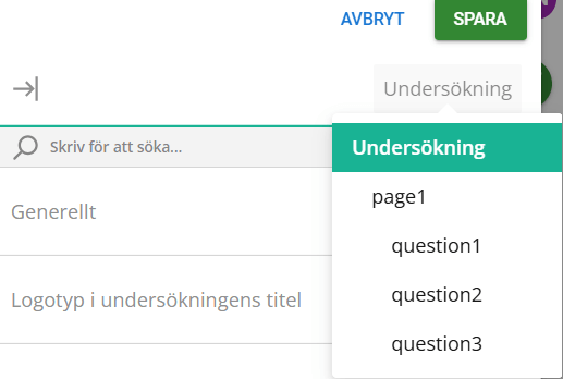 Grafiskt användargränssnitt för ett verktyg för enkäter med ”Undersökning” markerad som det aktuella valet. 