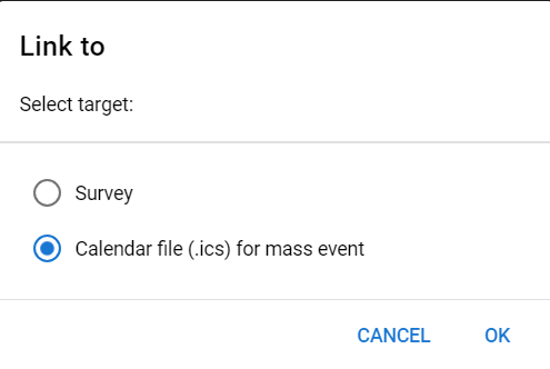 shows the Link to -options where second radio button is used to add calendar .ics