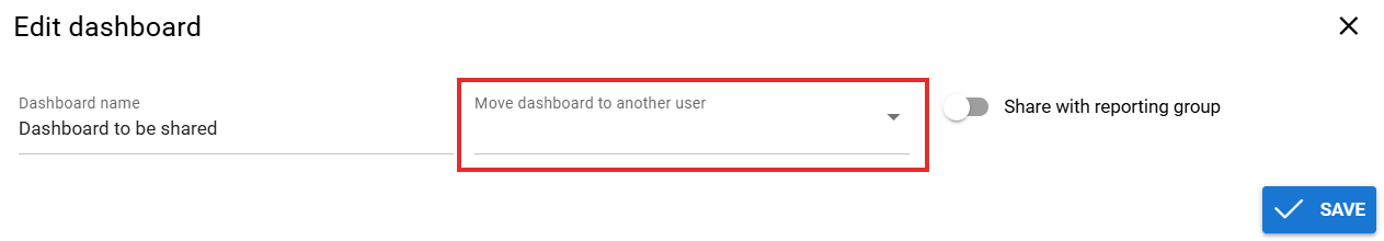 Screenshot of the Edit Dashboard interface with options to move the dashboard and share settings. The move dashboard setting in the middle is marked with a red rectangle.