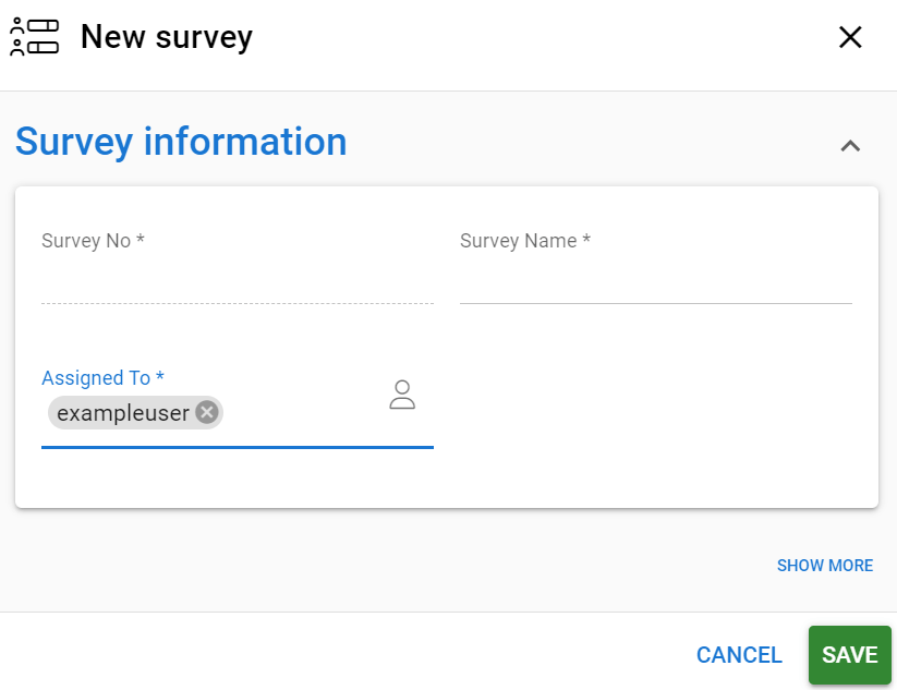 Survey creation interface displaying fields for entering survey number and name, with an assignment option for a user, and buttons for saving or canceling the action.