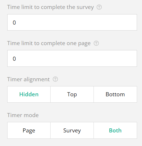 Screenshot of survey settings with fields for time limits, timer alignment, and mode.