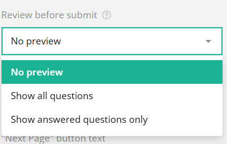 A screenshot of a digital form with a dropdown menu titled "Review before submit" and two options displayed.