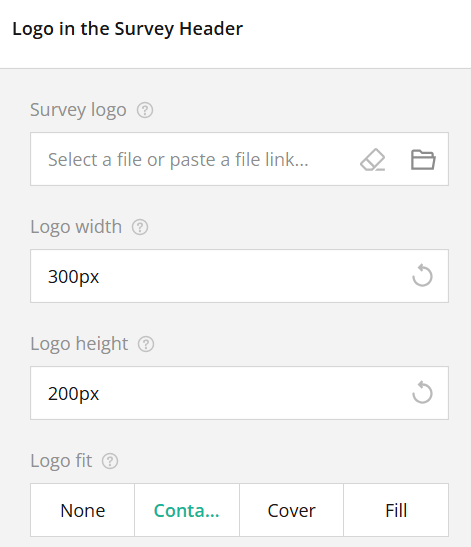 Settings interface for adding a logo to a survey header with width and height options.