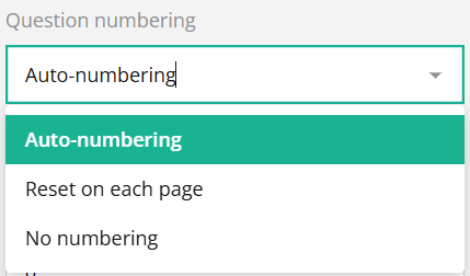 Dropdown menu for 'Question numbering' showing options for numbering on a user interface with Auto-numbering option selected