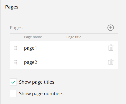 Screenshot of a user interface for managing pages with options to add pages and toggle page titles and numbers.