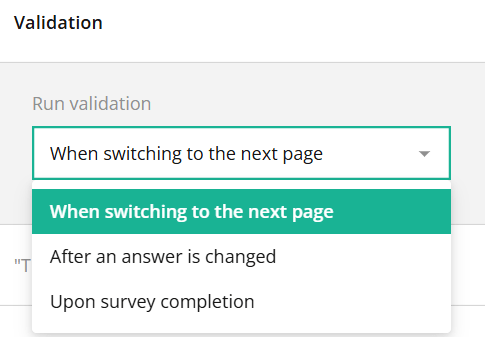 Screenshot of a software interface with a dropdown menu focused on "When switching to the next page" option.