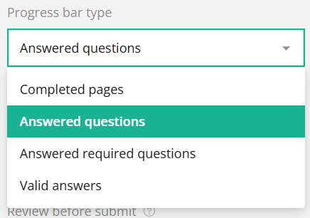 Dropdown menu under title Progress bar type showing 'Answered questions' selected with three other options.