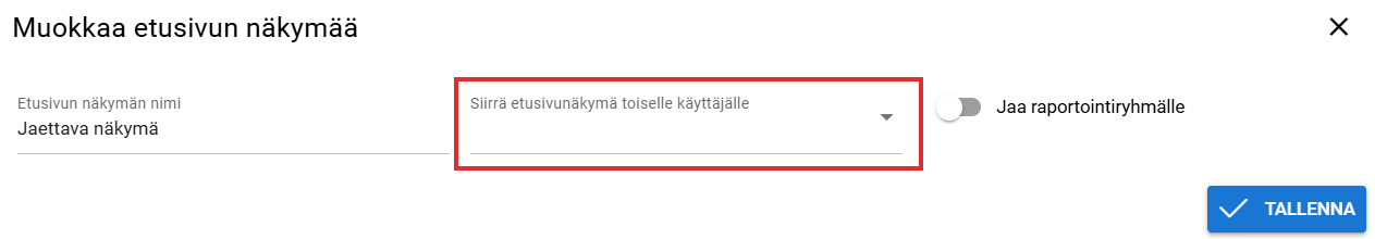 Kuvakaappaus  Muokkaa etusivun näkymää -käyttöliittymästä, jossa on vaihtoehtoja etusivunäkymän siirtämiseen ja asetusten jakamiseen. Keskellä oleva Siirrä etusivunäkymä -asetus on merkitty punaisella suorakulmiolla.