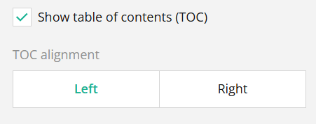 Interface option for showing a table of contents with left and right alignment choices.