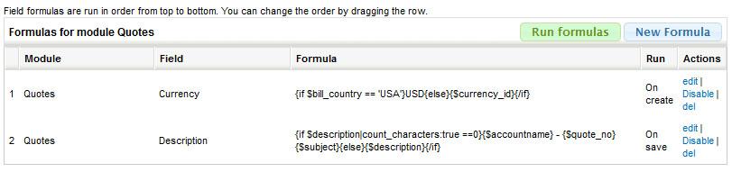 Skärmdump av ett programgränssnitt som visar formler för modulen ”Quotes” med alternativ för att köra eller redigera.