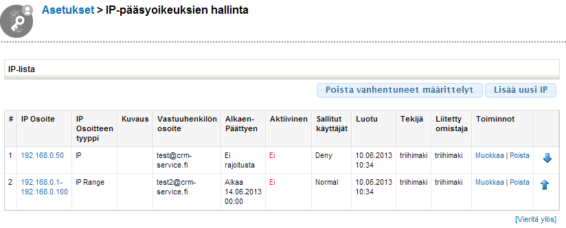 Kuvakaappaus IP-oikeuksien ohjauspaneelista, jossa on luettelo IP-osoiteasetuksista ja hallintavaihtoehdoista.