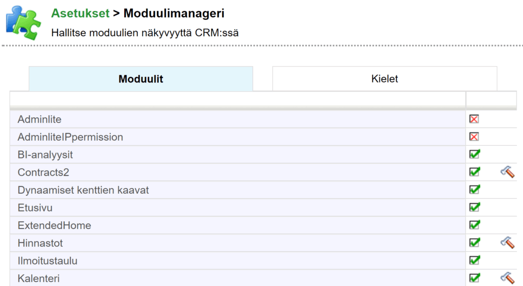 Kuvakaappaus CRM Moduulimanageri -käyttöliittymästä, jossa on luettelo moduuleista ja käyttöönotto- ja poistovaihtoehdoista.
