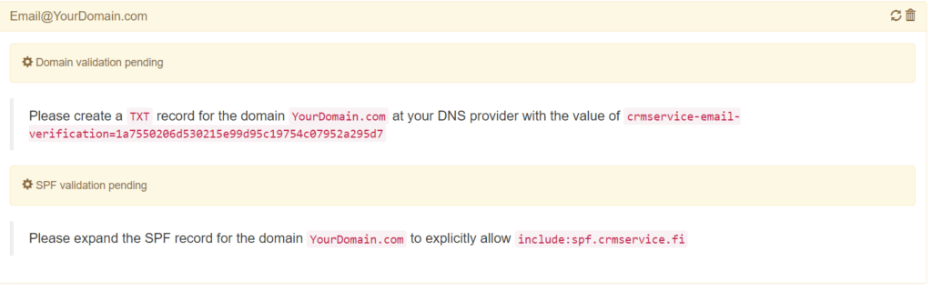 Screenshot of domain validation instructions for Email@YourDomain.com with specific TXT and SPF record details.