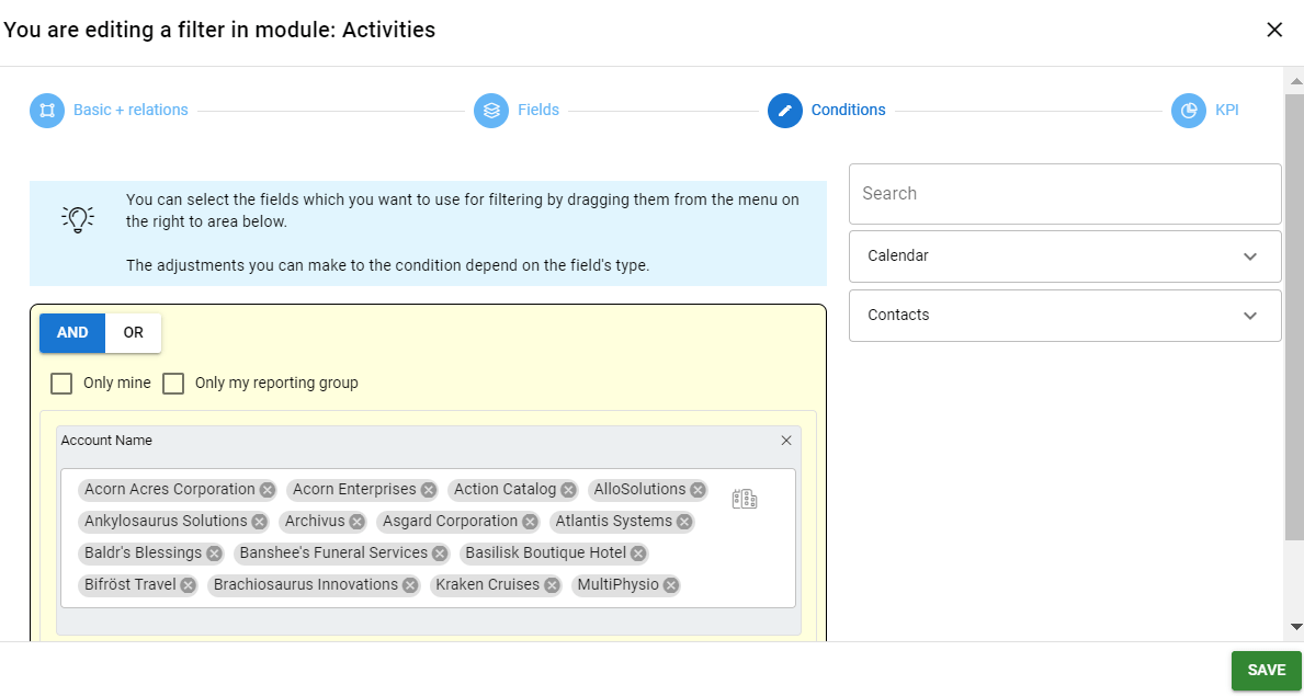 Screen capture of a filter editing interface for activities module with various company names listed.