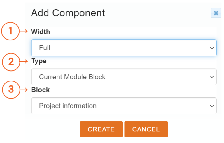 Dialog box titled 'Add Component' with options for width, type, block, 'CREATE' and 'CANCEL' buttons.
