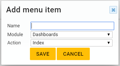 A pop-up window titled "Add menu item" with fields for Name, Module, Action, and Save/Cancel buttons.