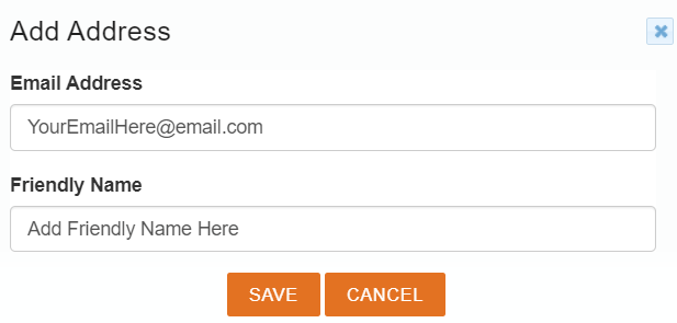 Add Address form with fields for Email Address, Friendly Name, and Save/Cancel buttons.