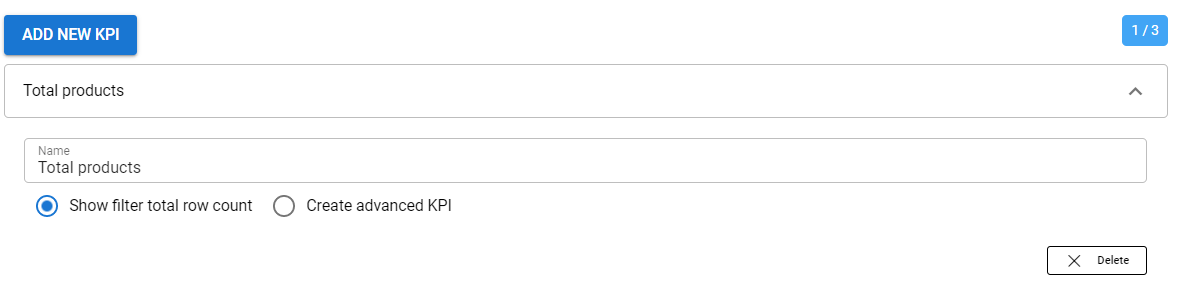 User interface with "ADD NEW KPI" button, options for "Total products" KPI, and a delete button.