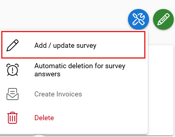 Dropdown menu with options 'Add/update survey', 'Automatic deletion for survey answers', 'Create Invoices', and 'Delete', with add/update survey highlighted with a red box.