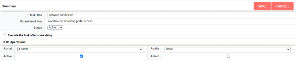 Screenshot of a user interface for activating a portal user with options for task operations.