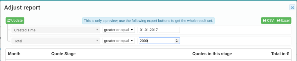 Screenshot of a software interface for adjusting a report with filters set and export options available.