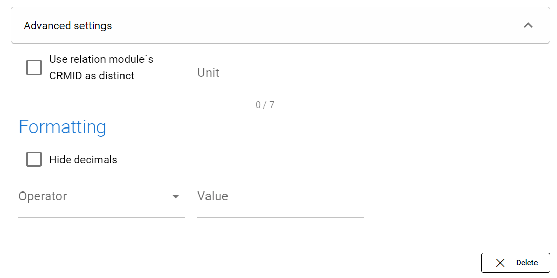 Software screenshot showing 'Advanced settings' and 'Formatting' options with checkboxes and dropdown menus.
