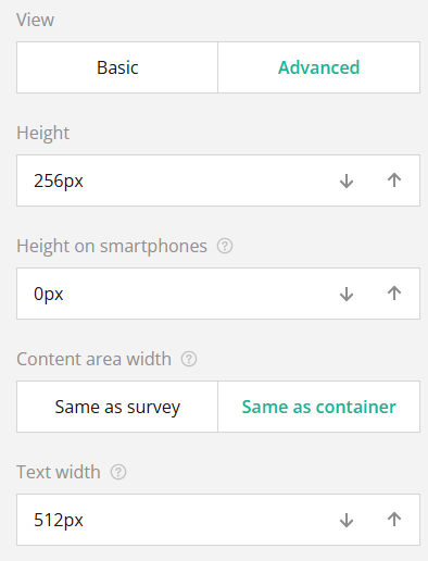 Screenshot of a user interface with settings for height, smartphone height, content area, and text width.