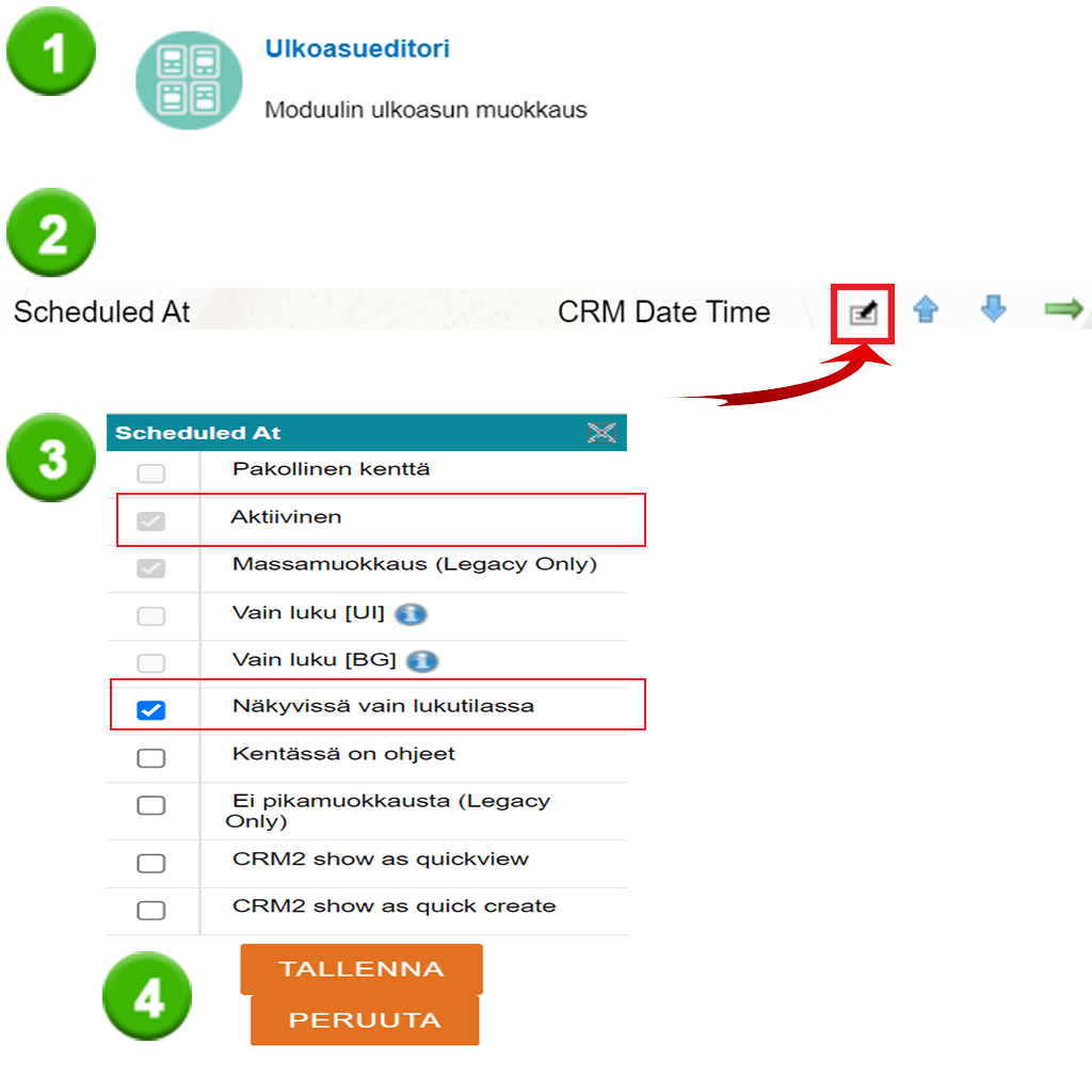 Kuvakaappaus CRM-käyttöliittymästä, jossa korostuu ”Aktiivinen”-vaihtoehto ja ”Näytä vain yksityiskohtaisessa näkymässä”-valintaruutu.