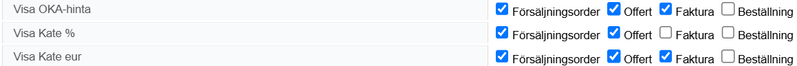 Skärmdump av ett programvarugränssnitt som visar alternativ med kryssrutor för ”Försäljningsorder", "Offert", "Faktura" och "Beställning".