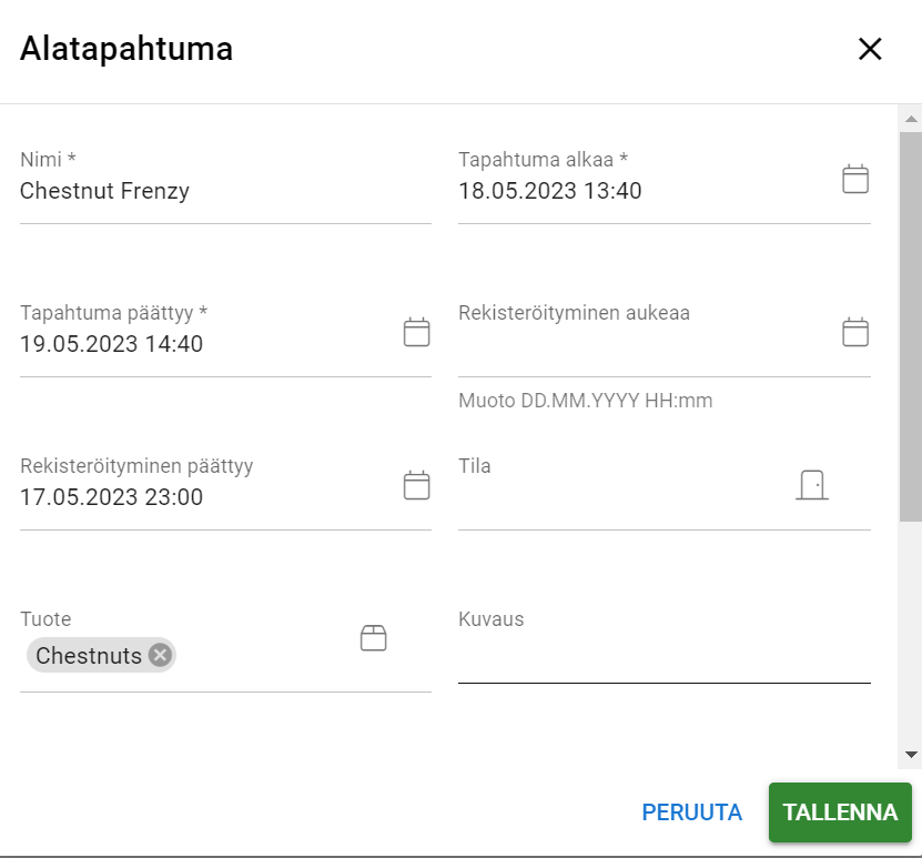 Kuvakaappaus tapahtuman luontilomakkeesta ”Alatapahtuma”, jossa on kentät nimelle, päivämäärille ja tuotteelle.