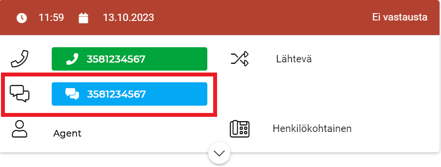 Kuvakaappaus puhelujen käyttöliittymästä, jossa vastaamaton puhelu numerosta 3581234567 on korostettu sinisellä.
