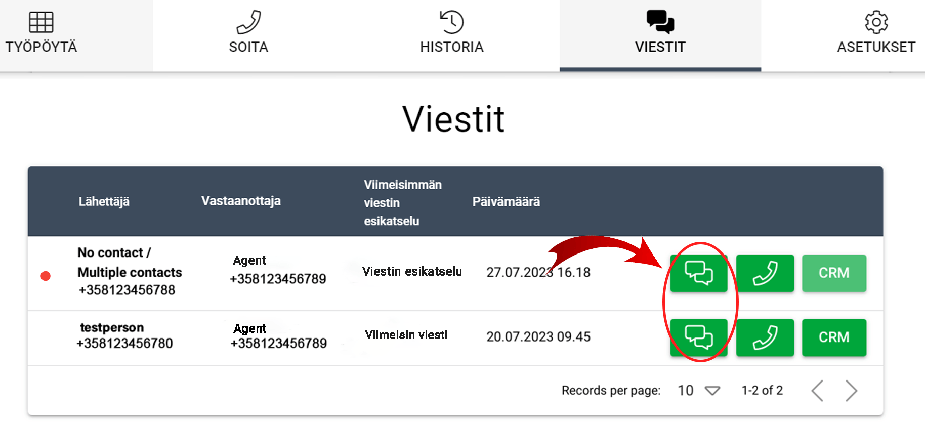 Kuvakaappaus viestiliittymästä, jossa on korostettuja kuvakkeita viestien hallintatoimintoja varten.