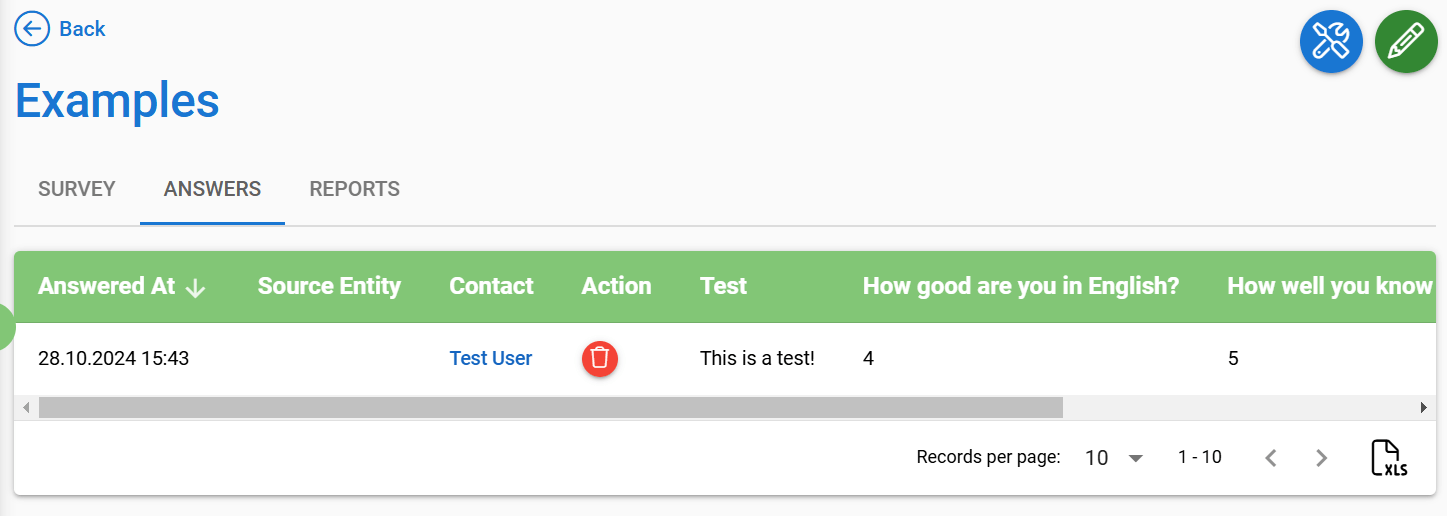 Web interface showing a table with survey response data and navigation buttons.