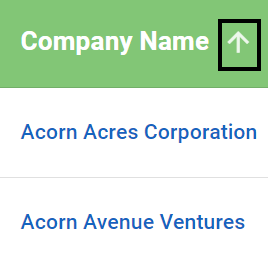 List view with entities "Acorn Acres Corporation" and "Acorn Avenue Ventures" and arrow icon in top right corner for sorting