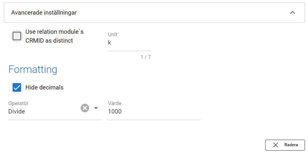 Skärmdump av ett KPI-konfigurationsgränssnitt med alternativ för total försäljning, filter och formateringsinställningar.