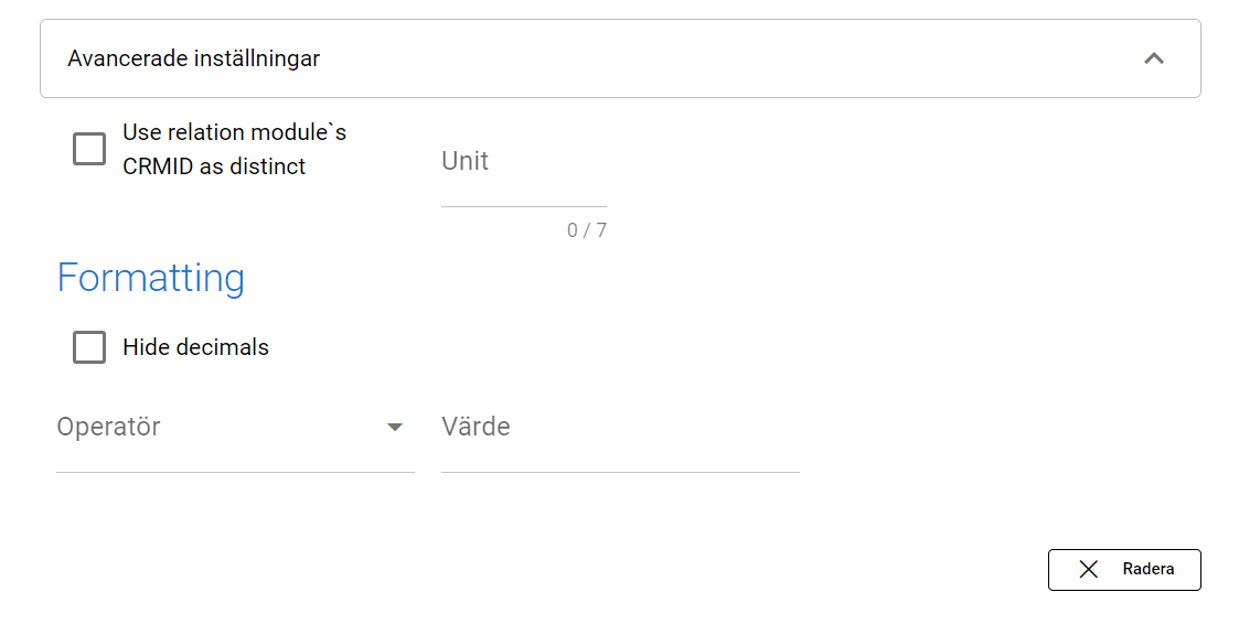 Skärmdump av programvara som visar alternativen ”Avancerade inställningar” och ”Formatering” med kryssrutor och rullgardinsmenyer.