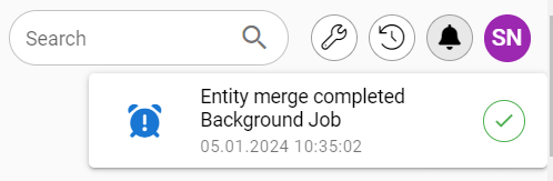 Notification that an entity merge background job is completed with a timestamp and a green check mark.