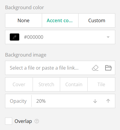 User interface for selecting background and accent colors, uploading background images, adjusting opacity settings, and toggling the overlap setting.