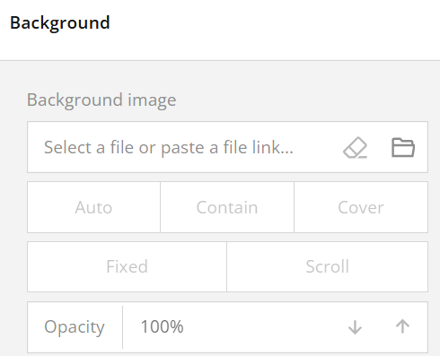 Screenshot of a settings interface for selecting a background image, with options for auto, contain, cover, fixed, scroll, and adjusting opacity.