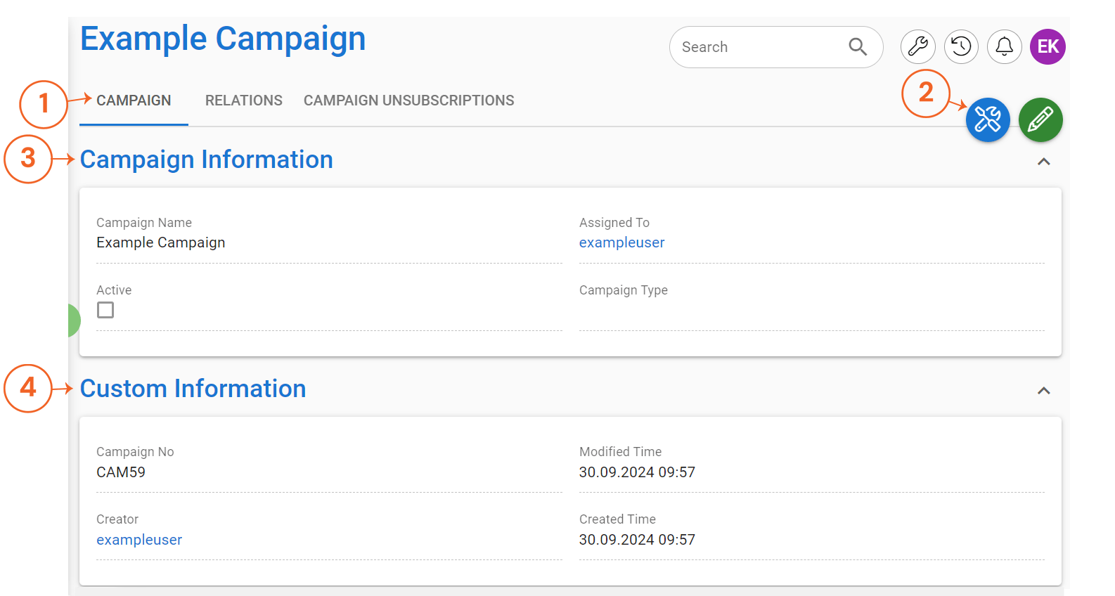 Screenshot of a campaign management interface, displaying details like campaign name, status, assigned user, and timestamps for creation and modification.