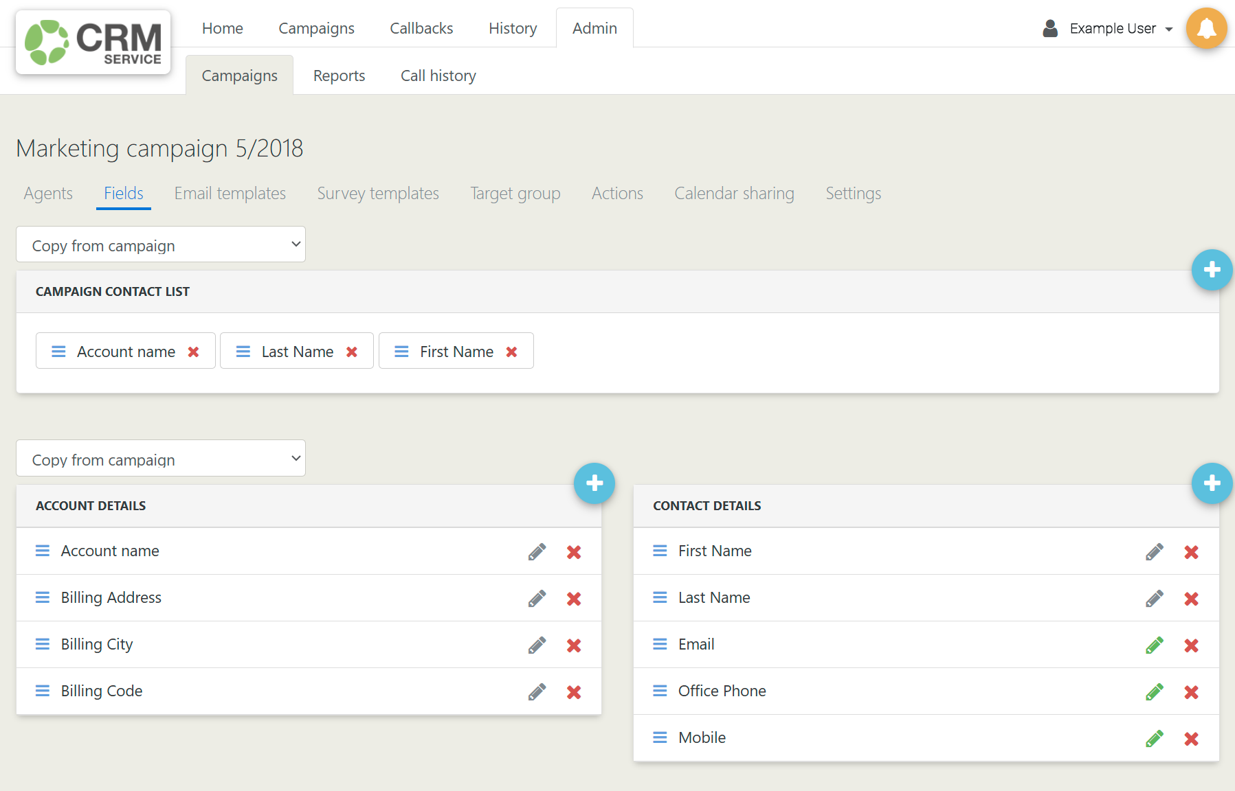Screenshot of a CRM service interface with campaign management and contact details.