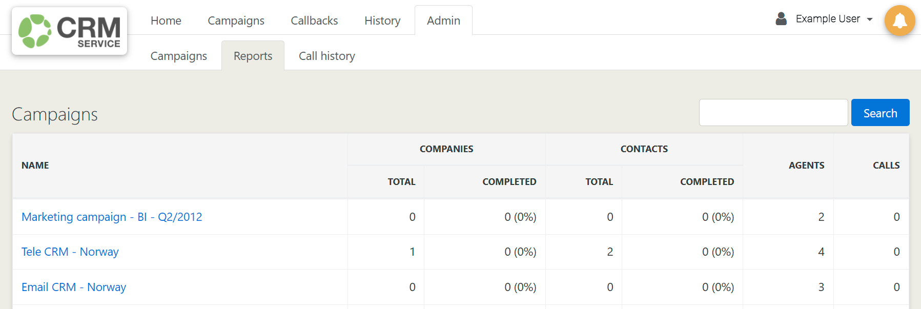 Screenshot of a CRM Service interface showing a campaigns list with columns for companies, contacts, agents, and calls.
