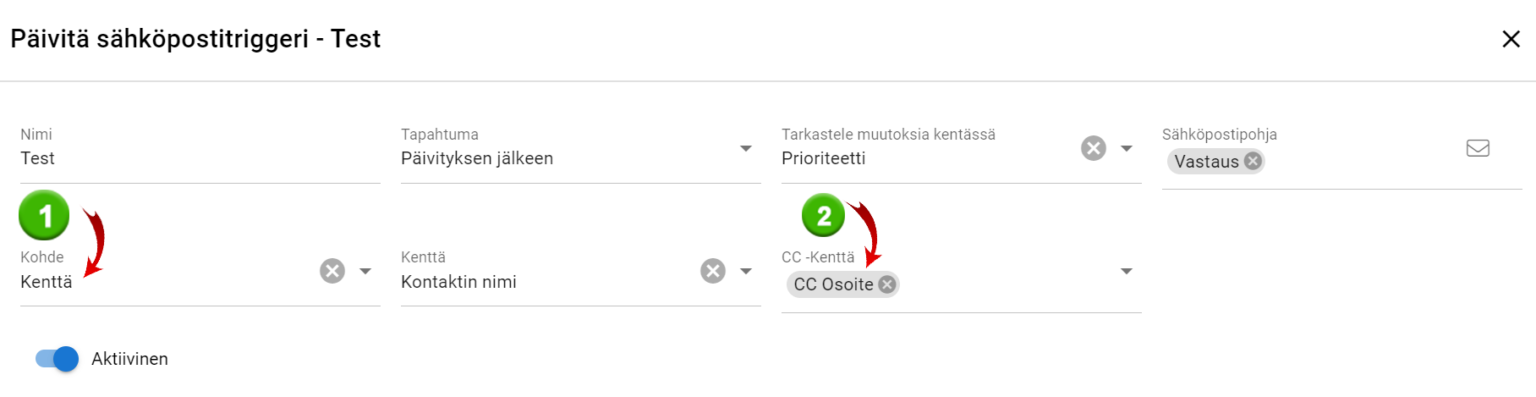 Kuvakaappaus ”Päivitä sähköpostiosoite” -määritysliittymästä, jossa on merkittyjä kenttiä ja vaihtoehtoja. Numero 1 osoittaa kohdetta kenttä ja numero 2 CC-kenttään.