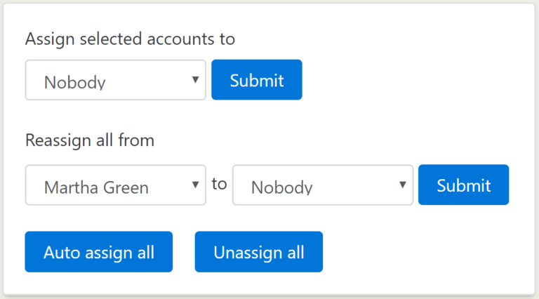Screenshot of a user interface for assigning accounts with dropdown menus and submit buttons.