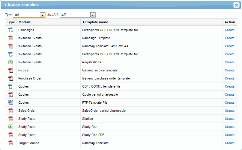 Software interface showing a list of document templates with 'Create' action buttons.