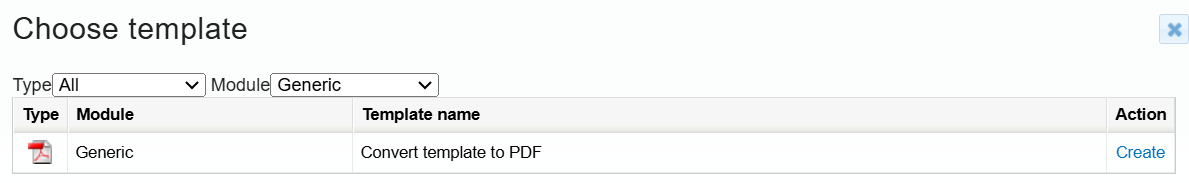 User interface of a template selection tool with options to convert a generic module to PDF.
