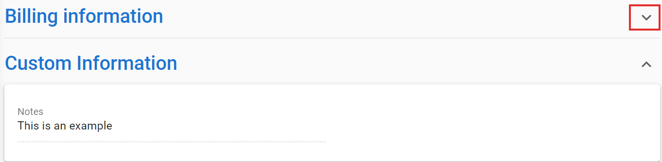Screenshot of a user interface with a section labeled "Billing information" and a text box titled "Custom Information" containing the note "This is an example."